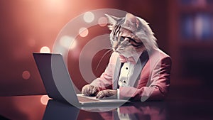 Cute cat in suit and bow tie sitting at table with laptop