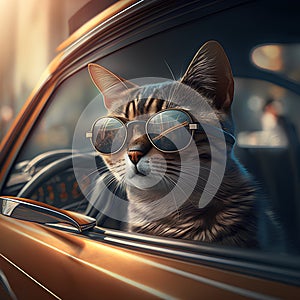 Cute cat in sunglasses driving a car at sunset. Toned.