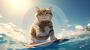 Cute cat surfing waves on a surfboard on sunny summer day