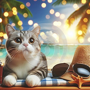 Cute cat with surprised expression resting on vacation on a beach with palm trees. ai generative