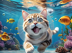 Cute cat swims underwater. AI generated.