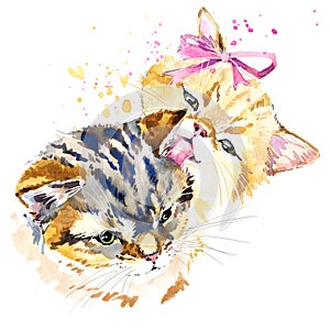 Cute cat T-shirt graphics, watercolor cat family illustration