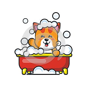 Cute cat taking bubble bath in bathtub cartoon illustration