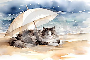 Cute cat with umbrella on the beach. Watercolor illustration.