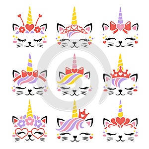 Cute cat unicorn face vector. Set for Valentines Day