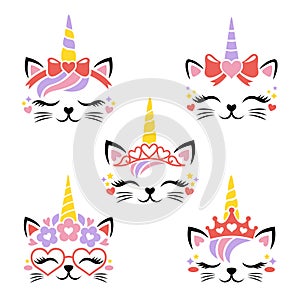 Cute cat unicorn face vector. Set for Valentines Day