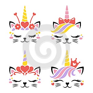 Cute cat unicorn face vector. Set for Valentines Day