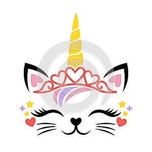 Cute cat unicorn face vector for Valentines Day. Illustrations isolated on white background