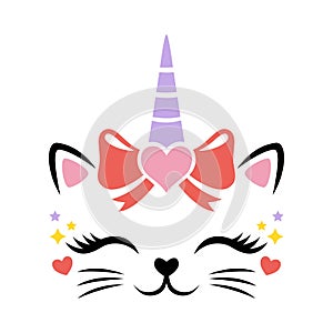 Cute cat unicorn face vector for Valentines Day. Kitten head with hair bow