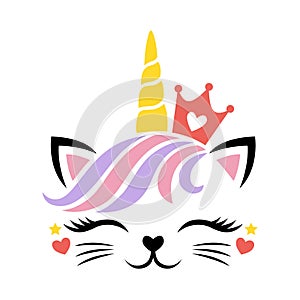 Cute cat unicorn face vector for Valentines Day. Kitten head with heart crown