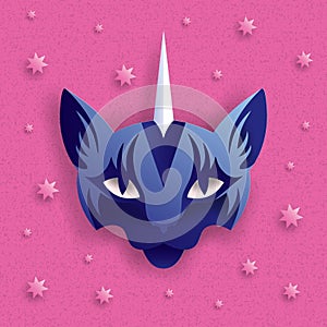 Cute cat unicorn head with stars. Vector 3D caticorn animal colorful illustration, paper cut style