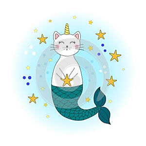 Cute cat unicorn mermaid. Children`s magic illustration. For the design of pints, posters, stickers, postcards, banners, cards.
