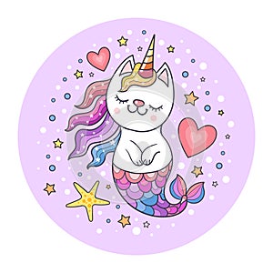 Cute cat unicorn mermaid. Children's magic illustration. Vector