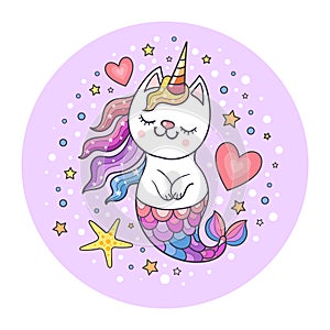 Cute cat unicorn mermaid. Children`s magic illustration. Vector
