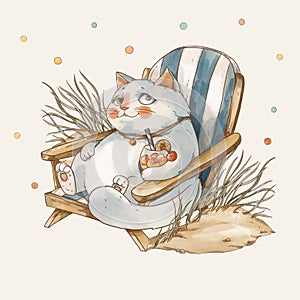 Cute cat on vacation, vintage greeting card, watercolor whimsical illustration