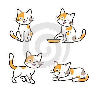 Cute cat in various poses. cartoon kitten dreaming, standing, sitting, walking, resting, playing with a plate. set of orange and