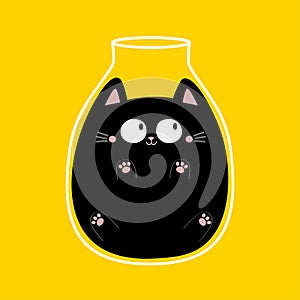 Cute cat in a vase. Glass jar. Cartoon kawaii baby character. Funny black fat kitten. Big eyes, moustaches. Pink paw print. Big