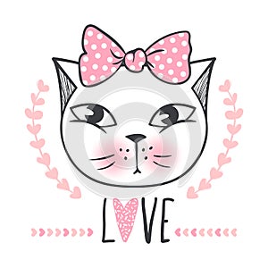 Cute cat vector design. Girly kittens. Fashion Cat`s face.