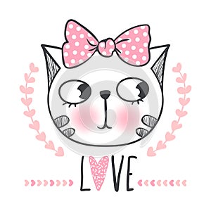 Cute cat vector design. Girly kittens. Fashion Cat`s face.