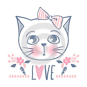 Cute cat vector design. Girly kittens. Fashion Cat`s face.