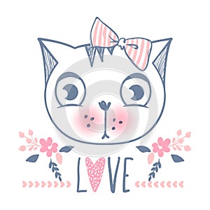 Cute cat vector design. Girly kittens. Fashion Cat`s face.