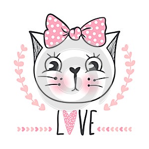 Cute cat vector design. Girly kittens. Fashion Cat`s face.