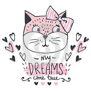 Cute cat vector design. Girly kittens. Fashion Cat`s face.