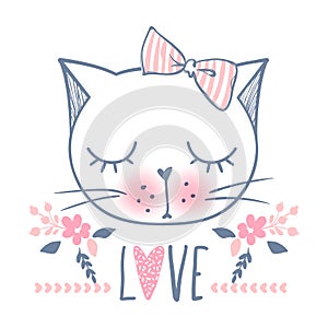 Cute cat vector design. Girly kittens. Fashion Cat`s face.