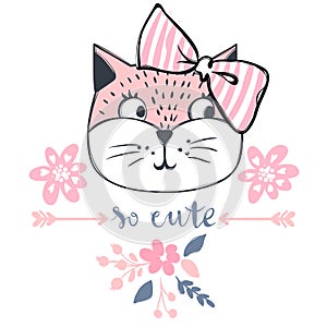 Cute cat vector design. Girly kittens. Fashion Cat`s face.