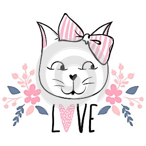 Cute cat vector design. Girly kittens. Fashion Cat`s face.