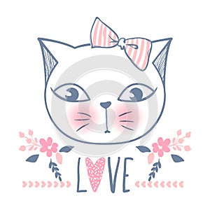 Cute cat vector design. Girly kittens. Fashion Cat`s face.