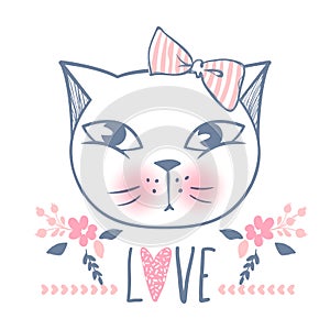 Cute cat vector design. Girly kittens. Fashion Cat`s face.