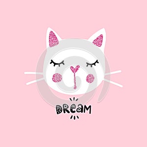 Cute cat vector illustration. Girly kittens. Fashion Cat`s face.