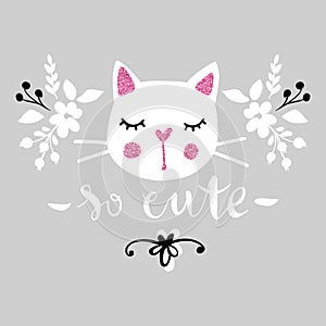 Cute cat vector illustration. Girly kittens. Fashion Cat`s face.