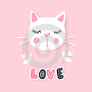 Cute cat vector illustration. Girly kittens. Fashion Cat`s face.