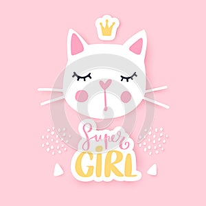 Cute cat vector illustration. Girly kittens. Fashion Cat`s face.