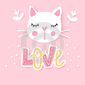 Cute cat vector illustration. Girly kittens. Fashion Cat`s face.