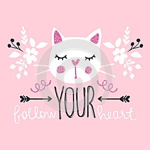 Cute cat vector illustration. Girly kittens. Fashion Cat`s face.