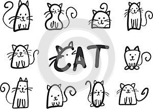 Cute cat vector illustration set in funny and simple cartoon style with cat logo.