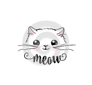 Cute cat vector print design. Meow lettering text. Kitten face vector background. Funny and cool smiling cartoon