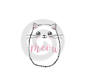 Cute cat vector print design. Meow lettering text. Kitten face vector background. Funny and cool smiling cartoon