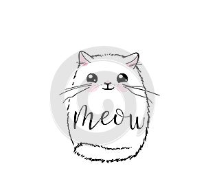 Cute cat vector print design. Meow lettering text. Kitten face vector background. Funny and cool smiling cartoon