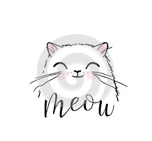 Cute cat vector print design. Meow lettering text. Kitten face vector background. Funny and cool smiling cartoon