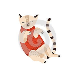 Cute cat in warm sweater flat vector illustration. Sleepy kitty wearing cozy autumn clothes stylized design element