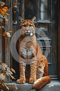 A cute cat was sitting near the door guarding the entrance