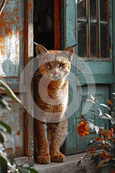 A cute cat was sitting near the door guarding the entrance