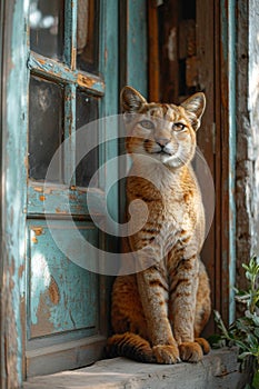 A cute cat was sitting near the door guarding the entrance