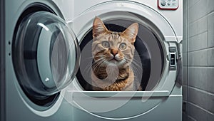 Cute cat in the washing machine domestic curiosity