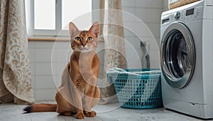 Cute cat washing machine laundry looking