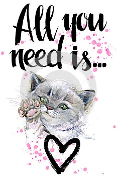 Cute cat. watercolor kitten illustration. Love card